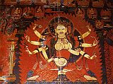 Tibet Guge 07 Tsaparang Red Temple 06 Pratisara To the right of the main door is Pratisara, with three angry faces and eight arms. She is a tantric goddess, one of the five Protectresses who are related to longevity and good deeds. In her right hands she holds the dharma wheel, an arrow, a trident-topped staff, and in her left hands she holds a vajra, a bow, and a vajra-tipped noose. Photo - Aschoff: Tsaparang - Knigsstadt in Westtibet (1997).
